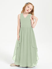 Boho Sleeveless Chiffon Junior Bridesmaid Dresses V-neck Dusty Sage