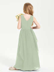 Boho Sleeveless Chiffon Junior Bridesmaid Dresses V-neck Dusty Sage