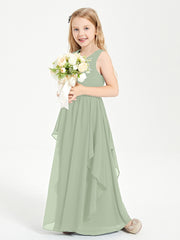 Boho Sleeveless Chiffon Junior Bridesmaid Dresses V-neck Dusty Sage