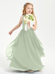 Boho Sleeveless Chiffon Junior Bridesmaid Dresses V-neck Dusty Sage