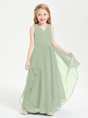 Boho Sleeveless Chiffon Junior Bridesmaid Dresses V-neck Dusty Sage