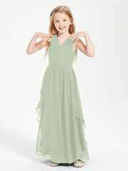 Boho Sleeveless Chiffon Junior Bridesmaid Dresses V-neck Dusty Sage