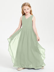 Boho Sleeveless Chiffon Junior Bridesmaid Dresses V-neck Dusty Sage