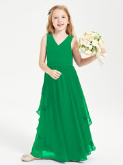 Boho Sleeveless Chiffon Junior Bridesmaid Dresses V-neck Emerald