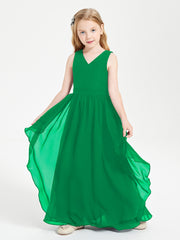 Boho Sleeveless Chiffon Junior Bridesmaid Dresses V-neck Emerald