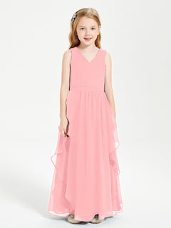 Boho Sleeveless Chiffon Junior Bridesmaid Dresses V-neck Flamingo