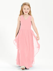 Boho Sleeveless Chiffon Junior Bridesmaid Dresses V-neck Flamingo