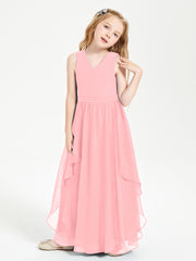 Boho Sleeveless Chiffon Junior Bridesmaid Dresses V-neck Flamingo