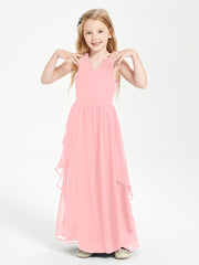 Boho Sleeveless Chiffon Junior Bridesmaid Dresses V-neck Flamingo