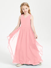 Boho Sleeveless Chiffon Junior Bridesmaid Dresses V-neck Flamingo