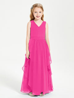 Boho Sleeveless Chiffon Junior Bridesmaid Dresses V-neck Fuchsia