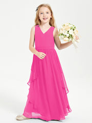 Boho Sleeveless Chiffon Junior Bridesmaid Dresses V-neck Fuchsia