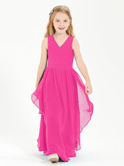 Boho Sleeveless Chiffon Junior Bridesmaid Dresses V-neck Fuchsia