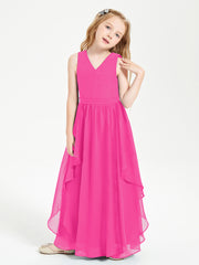 Boho Sleeveless Chiffon Junior Bridesmaid Dresses V-neck Fuchsia