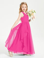 Boho Sleeveless Chiffon Junior Bridesmaid Dresses V-neck Fuchsia