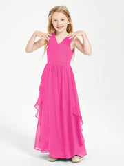 Boho Sleeveless Chiffon Junior Bridesmaid Dresses V-neck Fuchsia