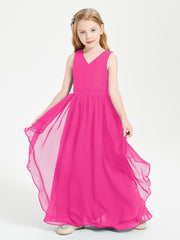 Boho Sleeveless Chiffon Junior Bridesmaid Dresses V-neck Fuchsia