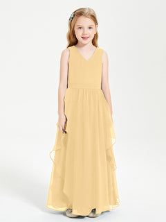 Boho Sleeveless Chiffon Junior Bridesmaid Dresses V-neck Gold