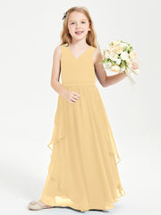 Boho Sleeveless Chiffon Junior Bridesmaid Dresses V-neck Gold