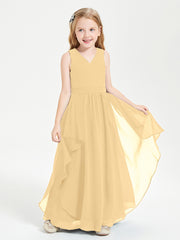 Boho Sleeveless Chiffon Junior Bridesmaid Dresses V-neck Gold