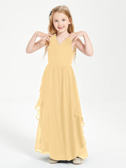Boho Sleeveless Chiffon Junior Bridesmaid Dresses V-neck Gold