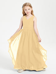 Boho Sleeveless Chiffon Junior Bridesmaid Dresses V-neck Gold