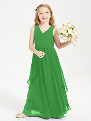 Boho Sleeveless Chiffon Junior Bridesmaid Dresses V-neck Green