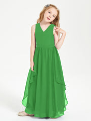 Boho Sleeveless Chiffon Junior Bridesmaid Dresses V-neck Green