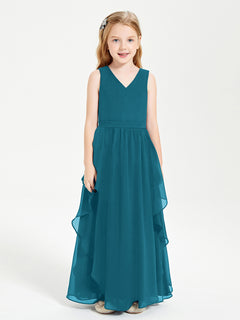 Boho Sleeveless Chiffon Junior Bridesmaid Dresses V-neck Ink Blue