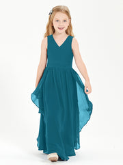 Boho Sleeveless Chiffon Junior Bridesmaid Dresses V-neck Ink Blue