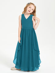 Boho Sleeveless Chiffon Junior Bridesmaid Dresses V-neck Ink Blue