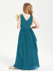 Boho Sleeveless Chiffon Junior Bridesmaid Dresses V-neck Ink Blue