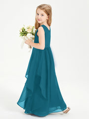 Boho Sleeveless Chiffon Junior Bridesmaid Dresses V-neck Ink Blue