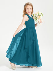 Boho Sleeveless Chiffon Junior Bridesmaid Dresses V-neck Ink Blue