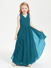 Boho Sleeveless Chiffon Junior Bridesmaid Dresses V-neck Ink Blue