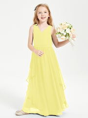 Boho Sleeveless Chiffon Junior Bridesmaid Dresses V-neck Lemon