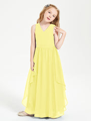 Boho Sleeveless Chiffon Junior Bridesmaid Dresses V-neck Lemon