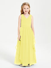 Boho Sleeveless Chiffon Junior Bridesmaid Dresses V-neck Lemon
