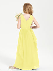 Boho Sleeveless Chiffon Junior Bridesmaid Dresses V-neck Lemon