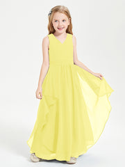 Boho Sleeveless Chiffon Junior Bridesmaid Dresses V-neck Lemon