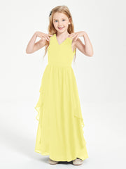 Boho Sleeveless Chiffon Junior Bridesmaid Dresses V-neck Lemon