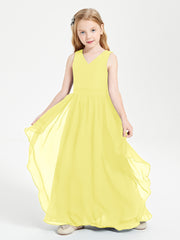 Boho Sleeveless Chiffon Junior Bridesmaid Dresses V-neck Lemon