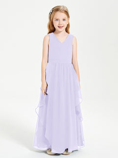 Boho Sleeveless Chiffon Junior Bridesmaid Dresses V-neck Lilac