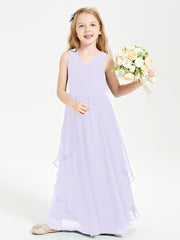 Boho Sleeveless Chiffon Junior Bridesmaid Dresses V-neck Lilac