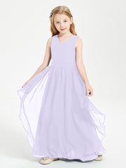 Boho Sleeveless Chiffon Junior Bridesmaid Dresses V-neck Lilac