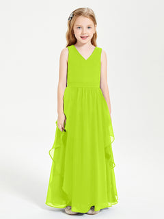 Boho Sleeveless Chiffon Junior Bridesmaid Dresses V-neck Lime Green