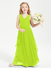 Boho Sleeveless Chiffon Junior Bridesmaid Dresses V-neck Lime Green