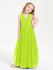 Boho Sleeveless Chiffon Junior Bridesmaid Dresses V-neck Lime Green