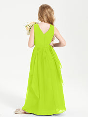 Boho Sleeveless Chiffon Junior Bridesmaid Dresses V-neck Lime Green
