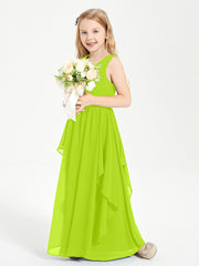 Boho Sleeveless Chiffon Junior Bridesmaid Dresses V-neck Lime Green